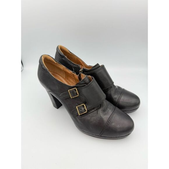 Clarks Flyrt Fancy Womens Black Monk Strap Leather Heel Ankle Booties Size 10 - Picture 2 of 9